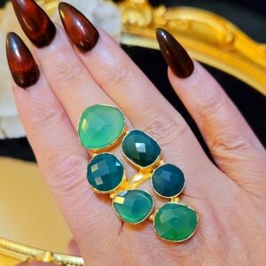 Vintage Huge Runway Green Agate Gold Plated Statement Ring